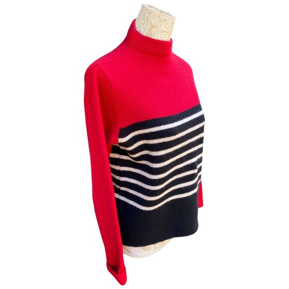 The Limited Size L 100% Lambswool Mock Neck Sweater Red White Black Striped - Picture 2 of 6